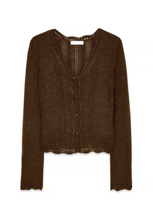 Brauner Strickcardigan mit V-Ausschnitt, Knopfverschluss und gewellten Kanten. Verfügt über ein strukturiertes Muster und lange Ärmel. Leichter Stoff.