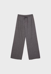 Pantalon gris à jambes larges avec taille élastique et cordon, confectionné dans un tissu léger texturé, présenté à plat sur fond blanc.