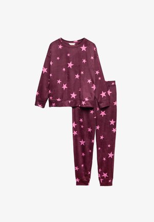 Set di pigiama bordeaux realizzato in tessuto morbido con motivi a stelle rosa su parte superiore e pantaloni; include maniche lunghe e polsini elasticizzati.