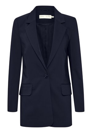 Marineblauw, op maat gemaakt blazer met lange mouwen, een enkele knoopsluiting, notched revers en twee klepzakken aan de voorkant, afgebeeld op een witte achtergrond.