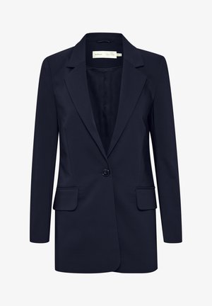 Navy blue tailored blazer with long sleeves, a single-button closure, notch lapels, and two front flap pockets, displayed on a white background.