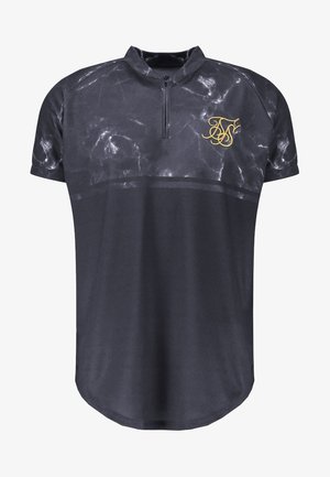 Dunkelgraues Sportshirt mit kurzen Ärmeln und einem dezenten Batikmuster auf der oberen Hälfte, Frontreißverschluss und kleinem goldbesticktem Logo auf der Brust.