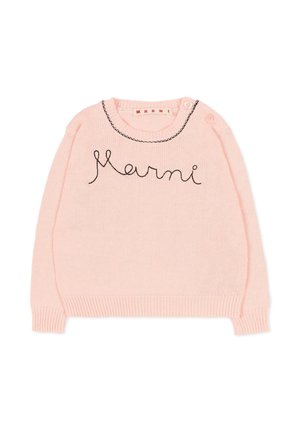 Pull en tricot rose avec le texte "Marni" en lettres cursives noires. Encolure ronde avec des boutons sur l'épaule, poignets et ourlet côtelés.
