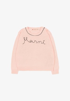 Pull en tricot rose avec le texte "Marni" en lettres cursives noires. Encolure ronde avec des boutons sur l'épaule, poignets et ourlet côtelés.