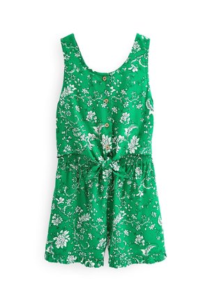 Grøn floral jumpsuit med ærmeløs design, knaplukning foran, elastisk talje med bånd og flagrende kant. Fremstillet af letvægtsstof.