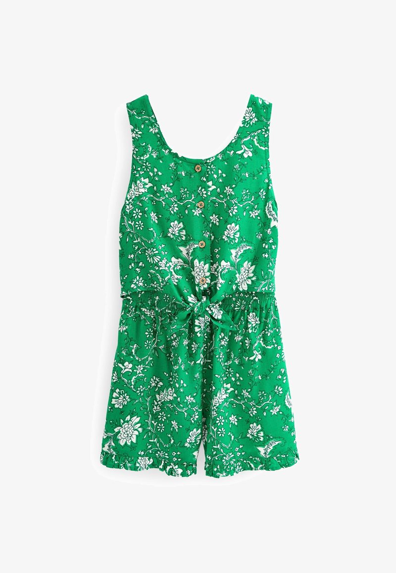 Rompers à fleurs vertes avec un design sans manches, fermeture à boutons à l'avant, taille élastique avec un lien et ourlet à volants. Fabriqué en tissu léger.