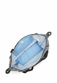 Borsa a motivi in bianco e nero con interno trapuntato blu. Presenta doppi manici e chiusura con zip. Interno foderato con etichetta visibile.