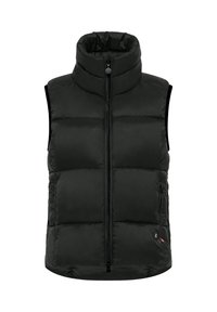 Zwarte puffer vest met hoge kraag, rits aan de voorkant en zijzakken. Gequilte ontwerp met gewatteerde secties voor isolatie.