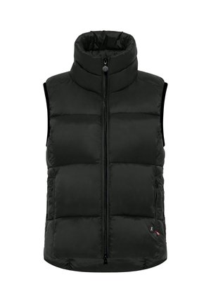 Zwarte puffer vest met hoge kraag, rits aan de voorkant en zijzakken. Gequilte ontwerp met gewatteerde secties voor isolatie.