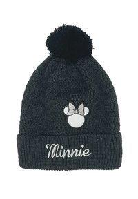 Zwarte gebreide beanie met een pompon, met een Minnie Mouse hoofdpatch en de naam "Minnie" in zilver geborduurd op de rand.