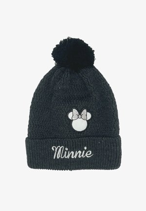 Zwarte gebreide beanie met een pompon, met een Minnie Mouse hoofdpatch en de naam "Minnie" in zilver geborduurd op de rand.