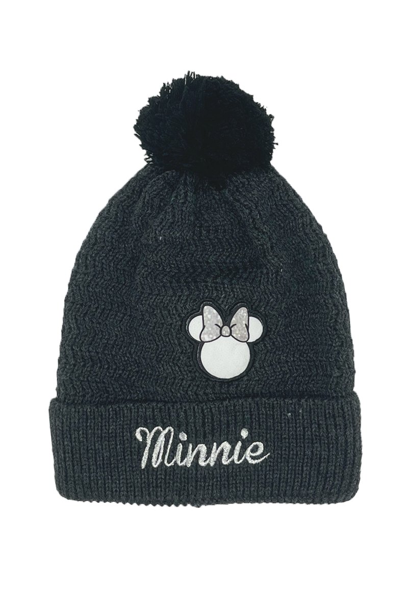 Zwarte gebreide beanie met een pompon, met een Minnie Mouse hoofdpatch en de naam "Minnie" in zilver geborduurd op de rand.