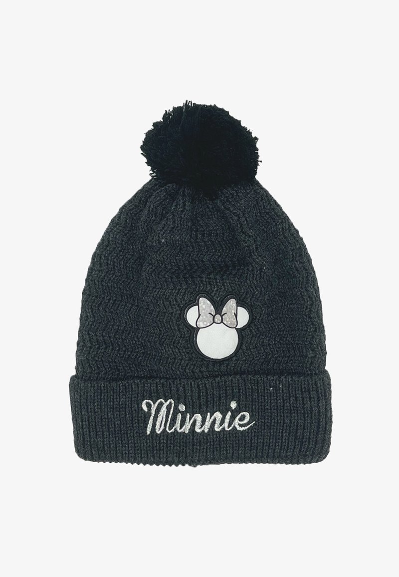 Bonnet en tricot noir avec un pompon, présentant un patch en forme de tête de Minnie Mouse et le nom "Minnie" brodé en argent sur le revers.