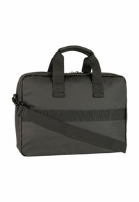 Sort slidstærk stof laptop taske med dobbelte håndtag, justerbar skulderrem og en glat tekstur; har lynlås lukning og fladt design.