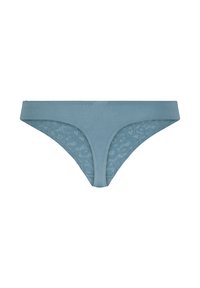 Blaue Spitzenstring aus weichem Stoff, mit floralem Muster an den Seiten und einer glatten Vorderseite. Die Nähte sind sauber verarbeitet.