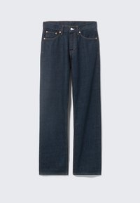 Dark blue denim jeans with a straight-leg cut, five pockets, contrasting orange stitching, metal button and rivet details.