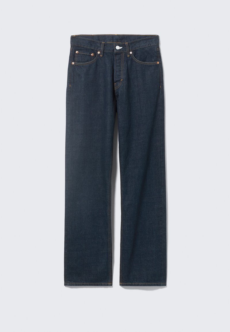 Dark blue denim jeans with a straight-leg cut, five pockets, contrasting orange stitching, metal button and rivet details.