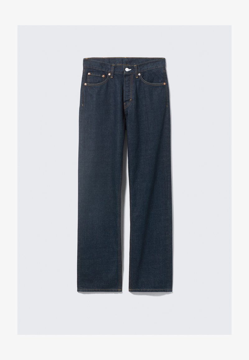 Dark blue denim jeans with a straight-leg cut, five pockets, contrasting orange stitching, metal button and rivet details.
