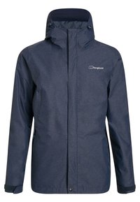 Marineblå vattentät jacka med hög krage, justerbar huva, fickor med dragkedja och elastiska ärmar. Har en logotyp på bröstet.