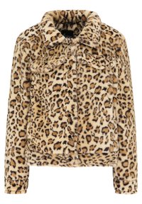 Leopardenmuster-Faux-Fur-Jacke mit Kragen, Druckknöpfen und zwei Brusttaschen. Weiche Textur, warmes Design, beige und braune Farben.