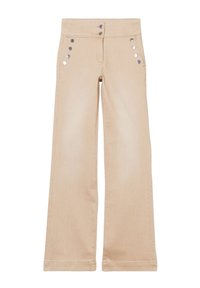 Pantaloni beige a campana in denim con bottoni argentati accentuati sul davanti e due tasche laterali. Texture liscia con orli cuciti.