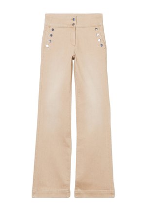 Pantalons beige évasés en denim avec des boutons argentés sur le devant et deux poches latérales. Texture lisse avec des ourlets cousus.