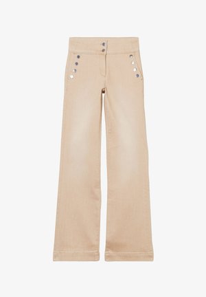 Pantalons beige évasés en denim avec des boutons argentés sur le devant et deux poches latérales. Texture lisse avec des ourlets cousus.