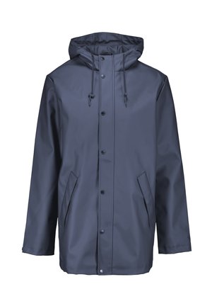 Dark blue waterproof jacket with a hood, front buttons, drawstring closure, and two side pockets. Smooth texture, outlined seams.