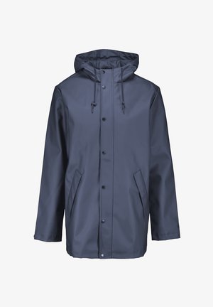 Dunkelblaues wasserdichtes Jackett mit Kapuze, Frontknöpfen, Kordelzugverschluss und zwei Seitentaschen. Glatte Textur, abgesetzte Nähte.