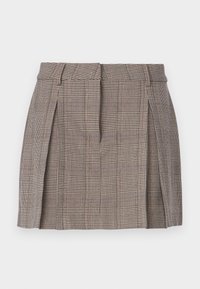 Brun rutete skjørt med tettsittende midje, legg på sidene og mønstrete tekstur, laget av et lett vevd stoff.