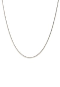 Collana in argento a catena a forma di serpente con un design liscio e flessibile, caratterizzata da una leggera lucentezza e una texture uniforme lungo tutta la sua lunghezza.