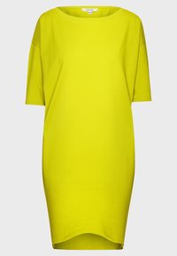Jasnożółta, krótko rękawowa sukienka o luźnym kroju. Gładki bawełniany materiał, okrągły dekolt i zaokrąglony krój u dołu.