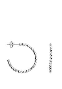 Silverfärgade creoler med en rundad design och en pärltextur. Säkert stängning med post. Reflekterande yta ökar den visuella attraktiviteten.