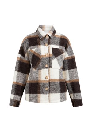 Giacca camicia in pile a quadratini nei colori marrone, crema e grigio; presenta due tasche sul petto e bottoni in legno, con colletto e maniche lunghe.