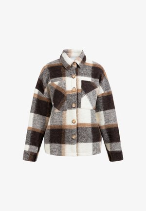 Giacca camicia in pile a quadratini nei colori marrone, crema e grigio; presenta due tasche sul petto e bottoni in legno, con colletto e maniche lunghe.