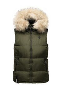 Olivgrön quiltad ärmlös väst med dragkedja fram, två blixtlåsfickor och huva med beige pälsfoder.