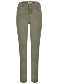 Pantalones de denim verde oliva con cintura alta, ajuste slim, cinco bolsillos y cierre frontal con botón. Textura suave con costuras mínimas.