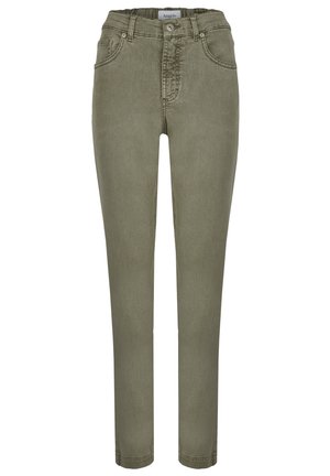 Pantalons en denim vert olive avec taille haute, coupe slim, cinq poches et fermeture à bouton sur le devant. Texture lisse avec des coutures minimales.