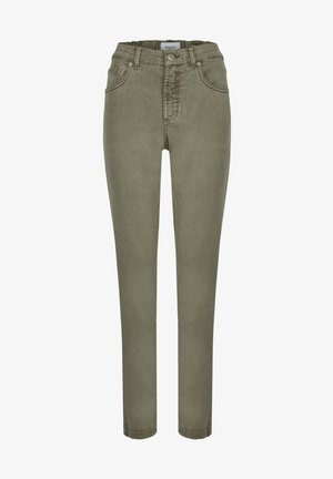 Pantaloni in denim verde oliva con vita alta, taglio slim, cinque tasche e chiusura frontale con bottone. Tessuto liscio con cuciture minime.