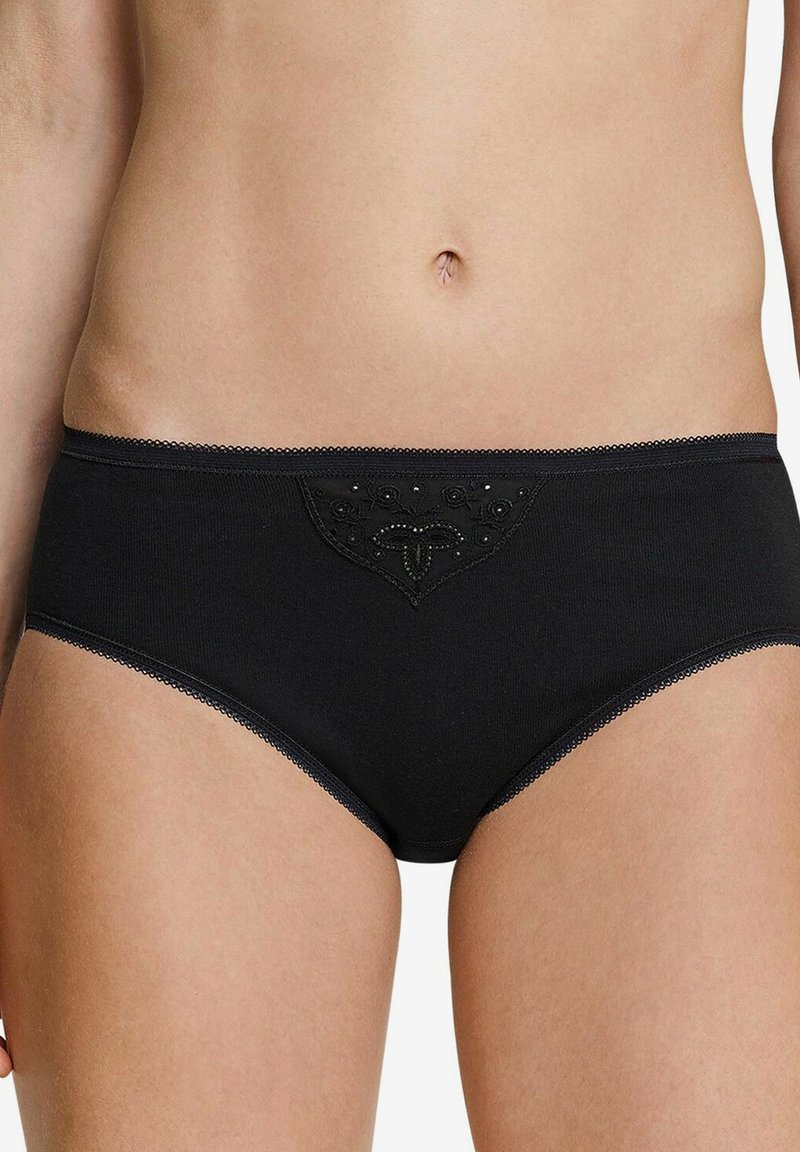 Schwarze Baumwoll-Hipster-Unterwäsche mit dekorativer Stickerei und kleinen Perlen auf der Vorderseite, verziert mit zartem Picot-Rand entlang der Kanten.