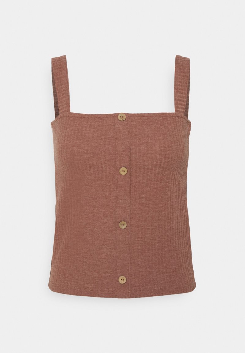 Crop top marron côtelé sans manches avec larges bretelles et quatre boutons en bois centrés à l'avant.