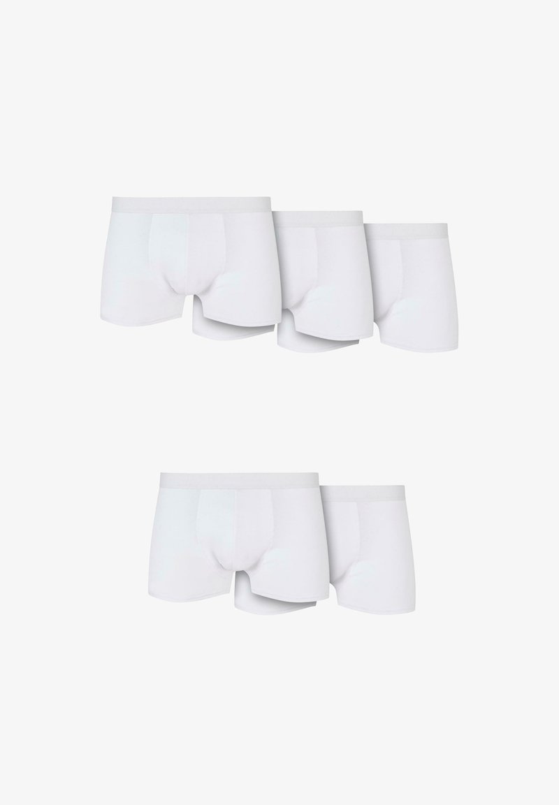 White cotton boxer briefs, featuring a smooth texture, elastic waistband, and a fitted design. Set of four in various sizes.