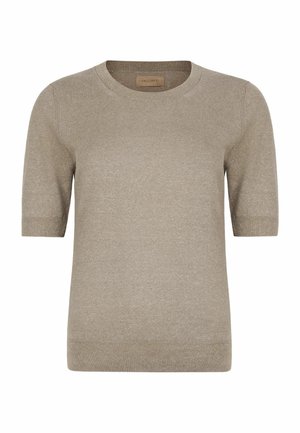 Taupe kurzärmeliger Strickpullover mit rundem Ausschnitt und gerippten Bündchen und Saum, Marke Falconeri.