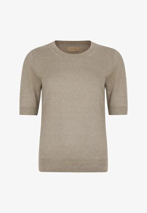 Taupe kortærmet striktrøje med rund halsudskæring og ribkanter ved ærmer og bund, mærket Falconeri.