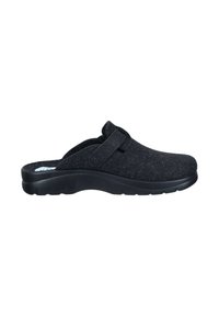 Black felt slip-on clog with a textured upper, a cushioned footbed, and a flexible rubber sole. Adjustable strap for secure fit.