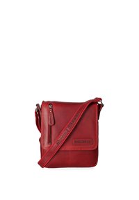 Borsa a tracolla in pelle rossa caratterizzata da una tasca frontale con zip, tracolla regolabile, texture liscia e logo del marchio impresso sul lato.