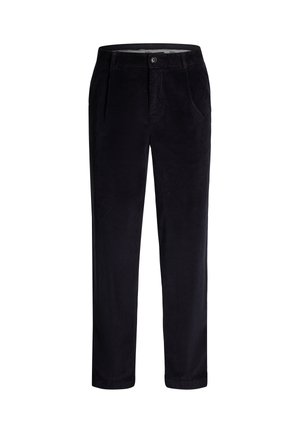 Pantaloni in corduroy di colore blu scuro, con taglio dritto, tasche frontali e chiusura con un bottone in vita.