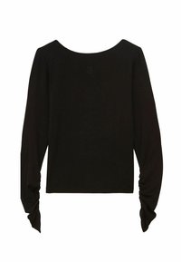Haut noir à manches longues avec un col rond, présentant des détails froncés aux poignets et un logo discret à l'arrière. Fabriqué en tissu lisse.