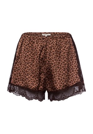 Braune Satin-Shorts mit schwarzem Spitzenbesatz, ausgestattet mit einem Leopardenmuster. Elastischer Bund für Komfort und eine lockere Passform.