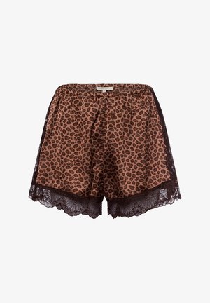 Braune Satin-Shorts mit schwarzem Spitzenbesatz, ausgestattet mit einem Leopardenmuster. Elastischer Bund für Komfort und eine lockere Passform.
